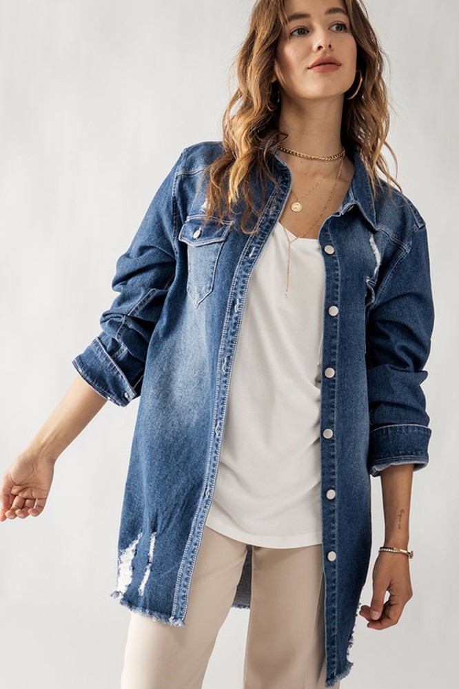 Distressed Denim Button Up Shirt Jacket