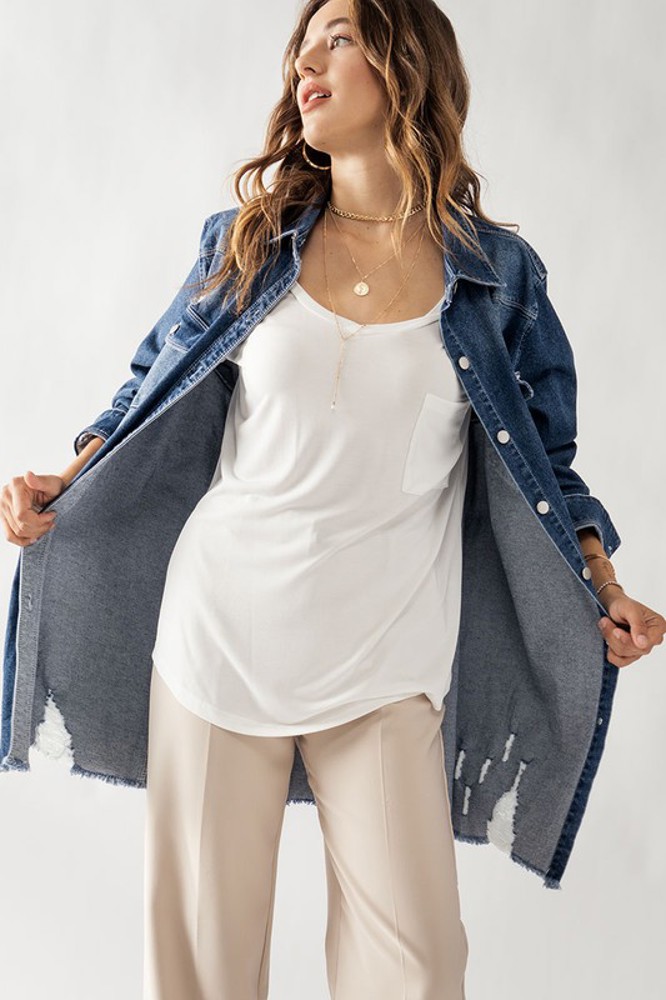 Distressed Denim Button Up Shirt Jacket