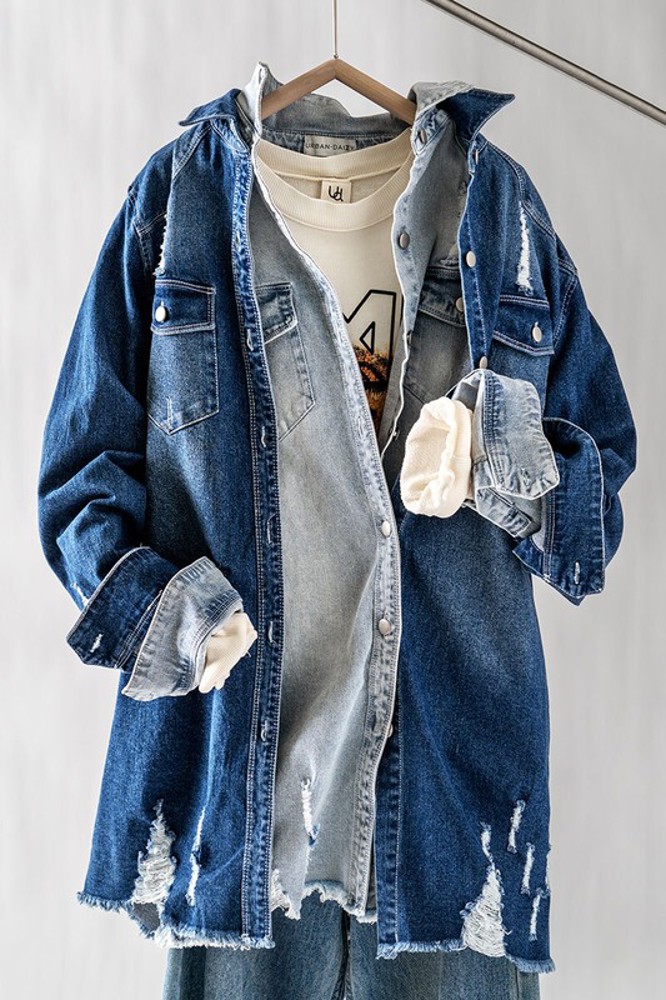 Distressed Denim Button Up Shirt Jacket