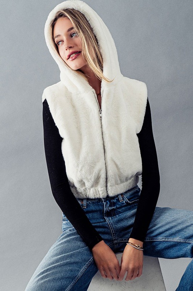 Plush Hooded Zip-Up Vest with Pockets