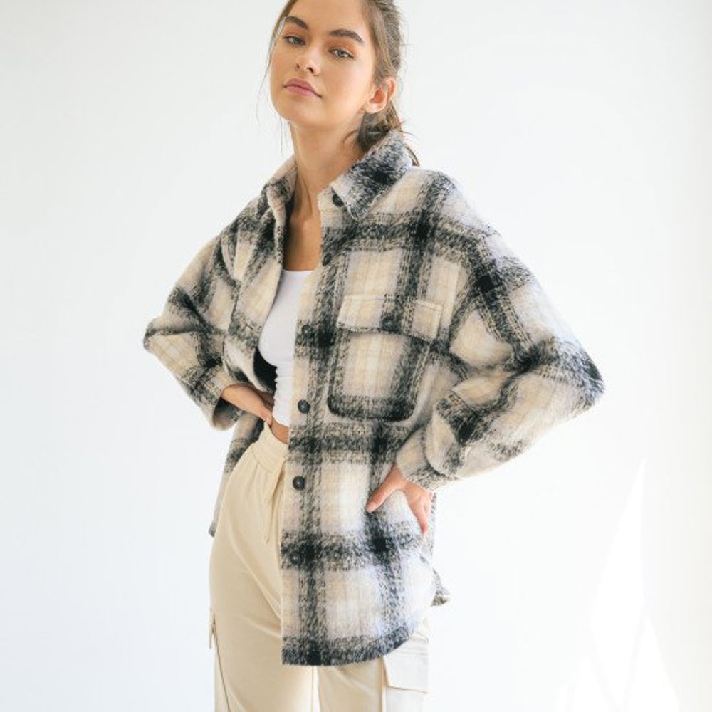 Wool Blend Pocketed Plaid Shacket