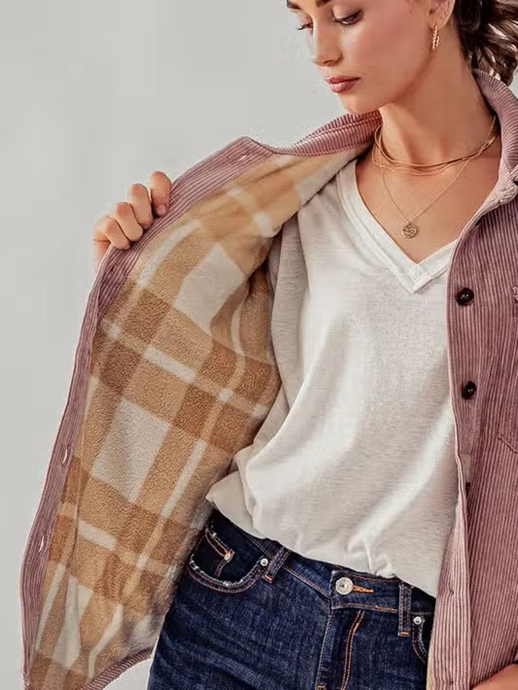 Relaxed Soft Corduroy Plaid Lined Shirt Jacket