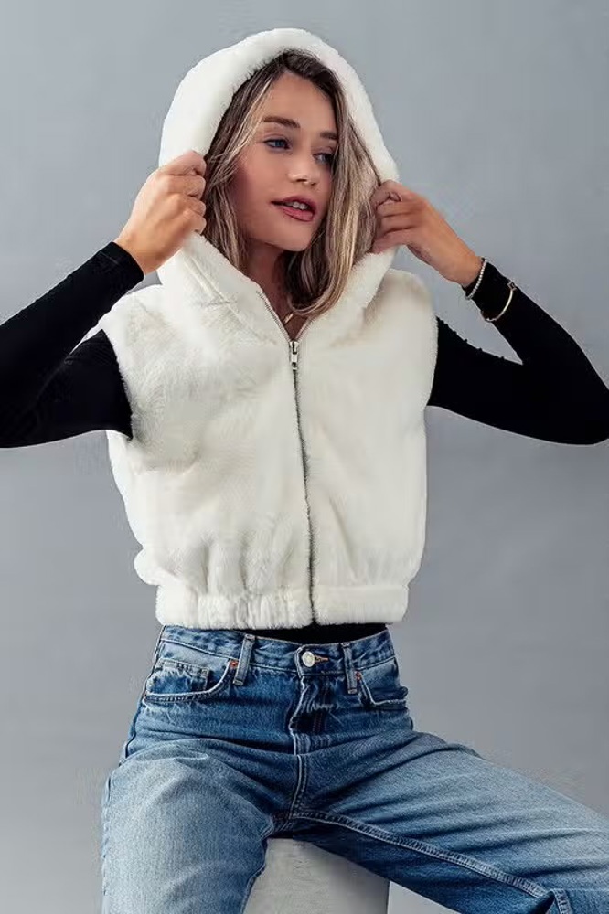 Plush Hooded Zip-Up Vest with Pockets