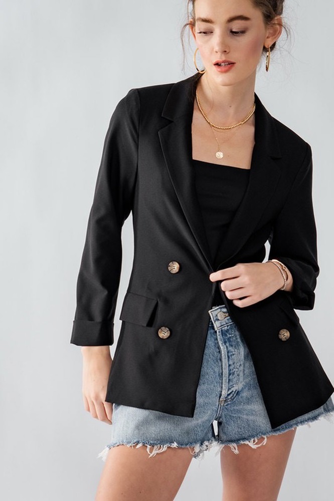 Open Front Double Breast Button Detail Pocketed Blazer