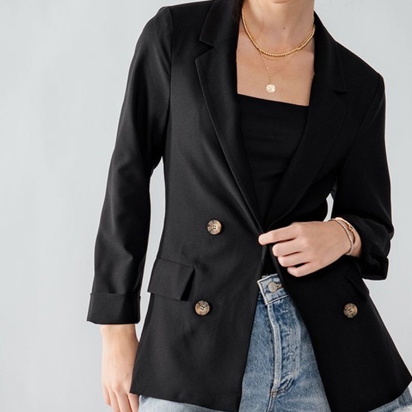 Open Front Double Breast Button Detail Pocketed Blazer