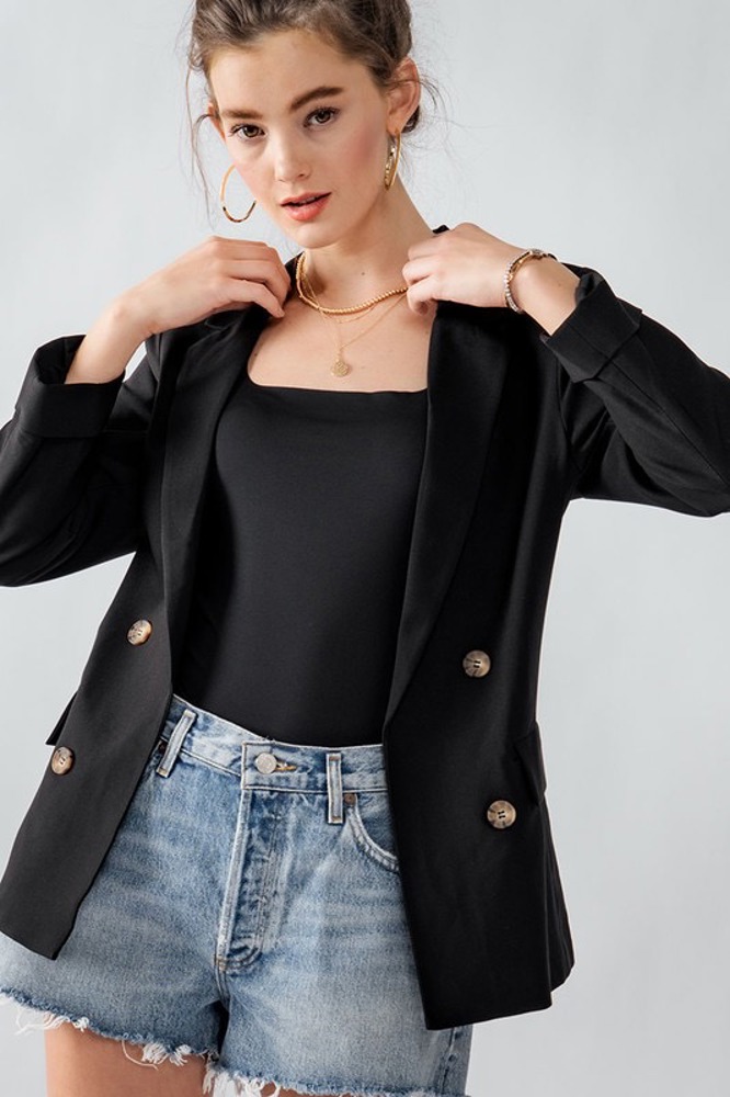 Open Front Double Breast Button Detail Pocketed Blazer