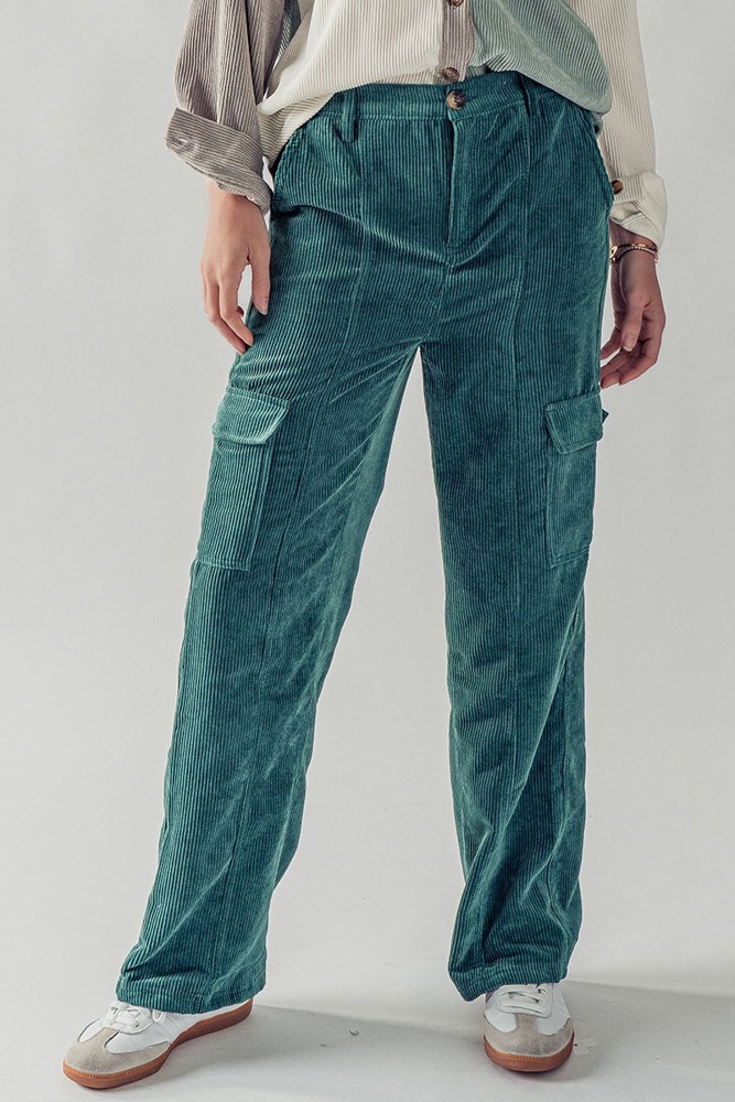 Elastic Back Corduroy Cargo Pants with Side Pockets