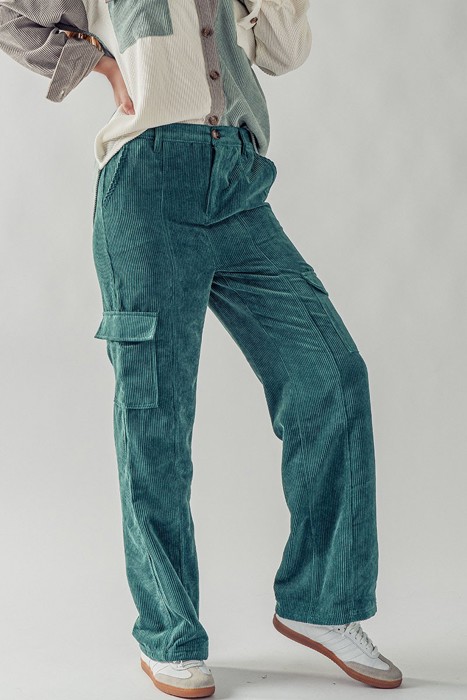 Elastic Back Corduroy Cargo Pants with Side Pockets