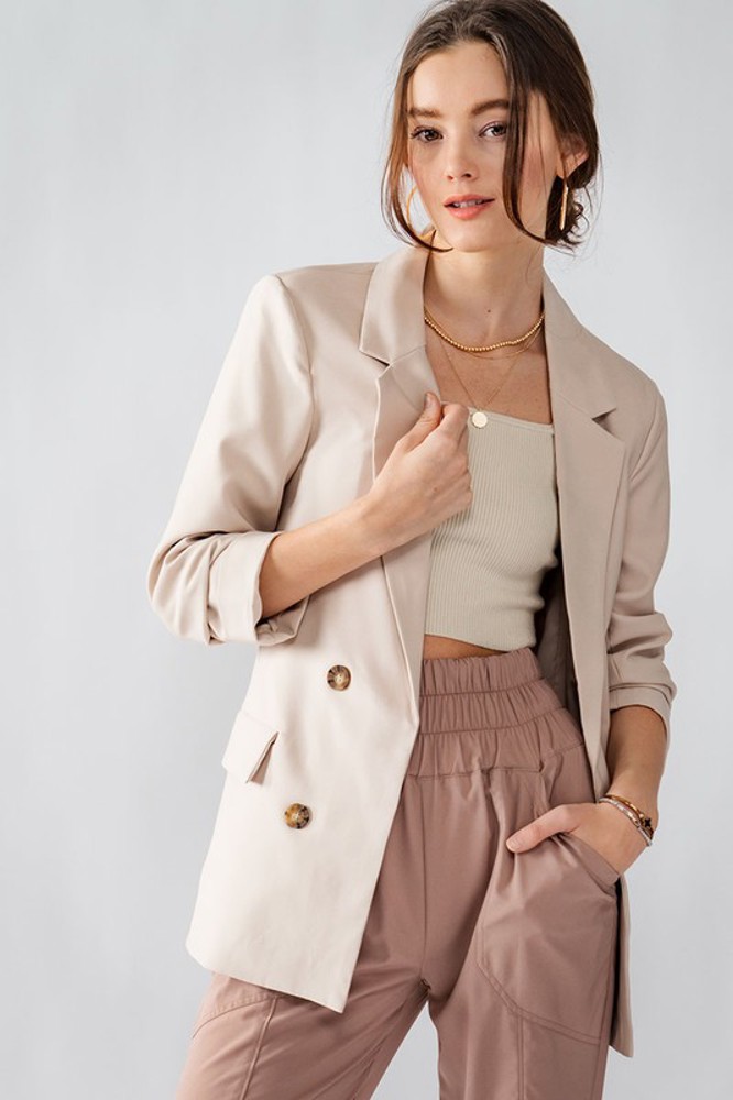 Open Front Double Breast Button Detail Pocketed Blazer