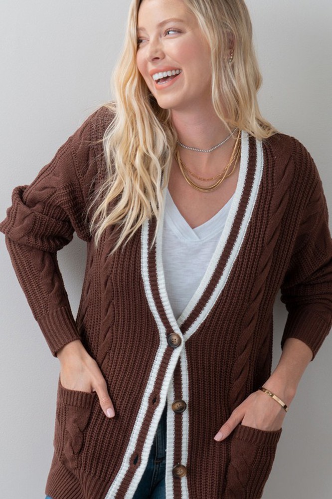 Striped Trim Cable Knit Cardigan