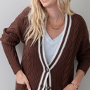  Striped Trim Cable Knit Cardigan