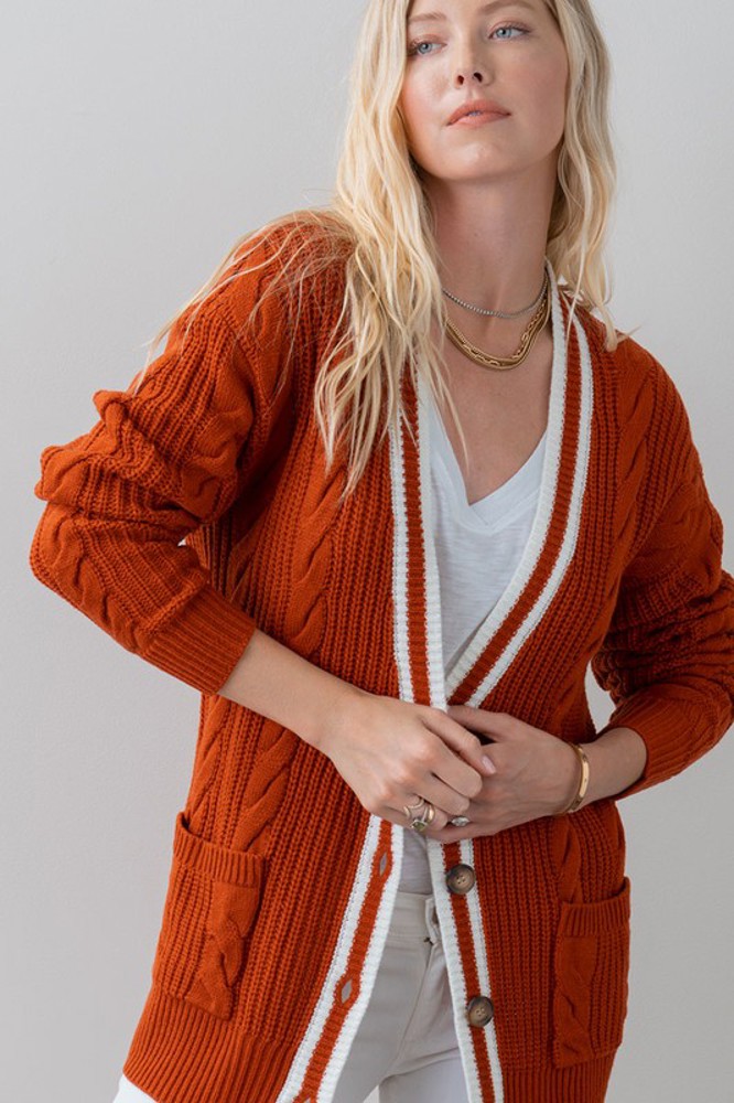 Striped Trim Cable Knit Cardigan