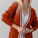  Striped Trim Cable Knit Cardigan