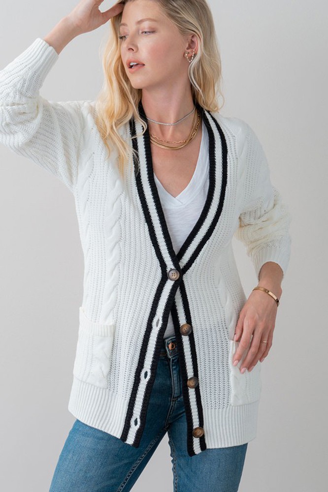 Striped Trim Cable Knit Cardigan