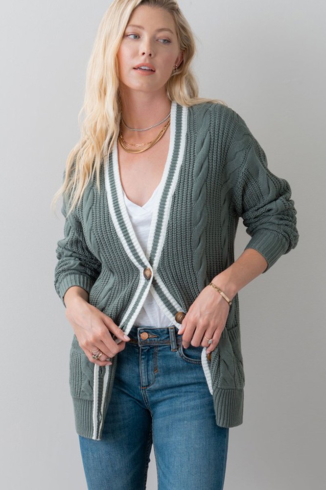 Striped Trim Cable Knit Cardigan