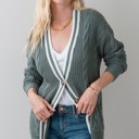  Striped Trim Cable Knit Cardigan