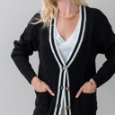  Striped Trim Cable Knit Cardigan