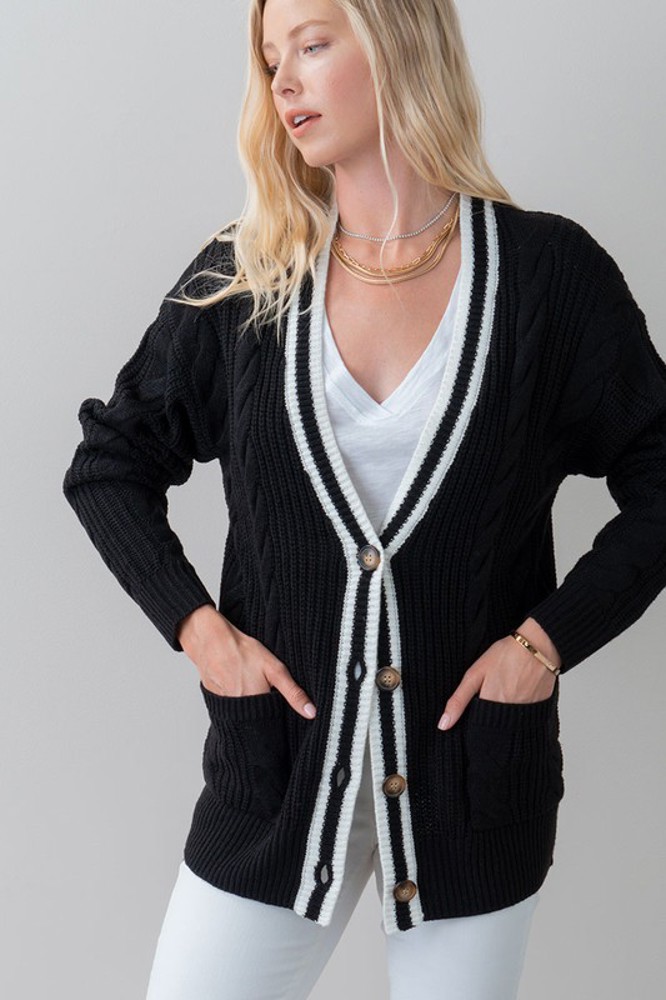 Striped Trim Cable Knit Cardigan