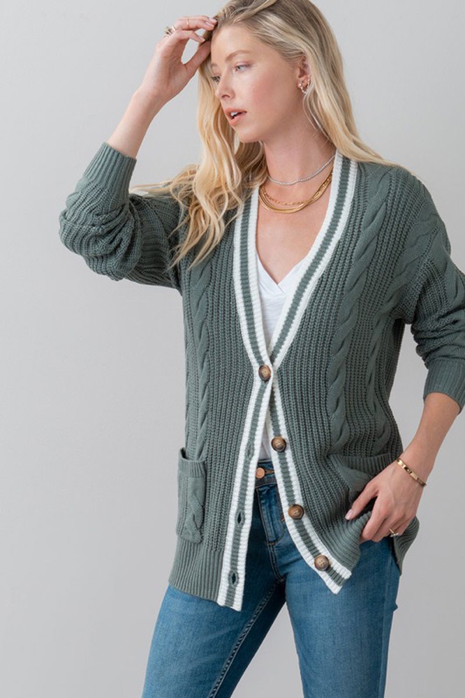 Striped Trim Cable Knit Cardigan