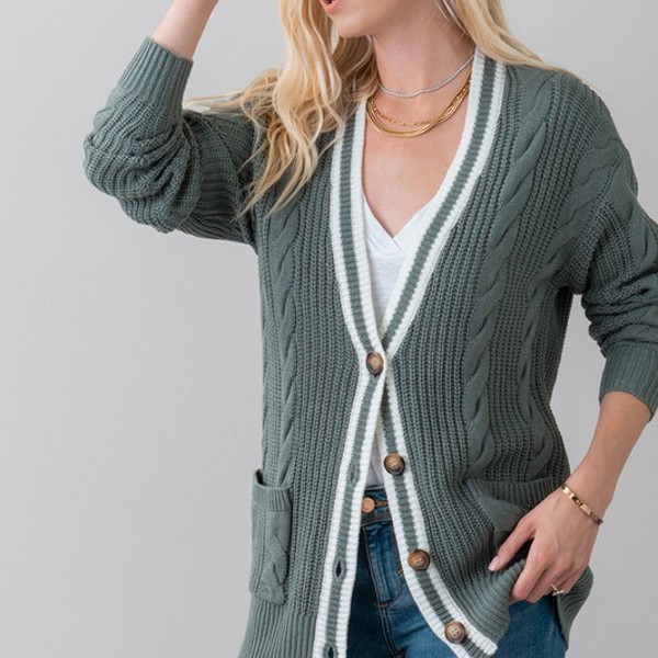 Striped Trim Cable Knit Cardigan