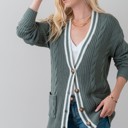  Striped Trim Cable Knit Cardigan