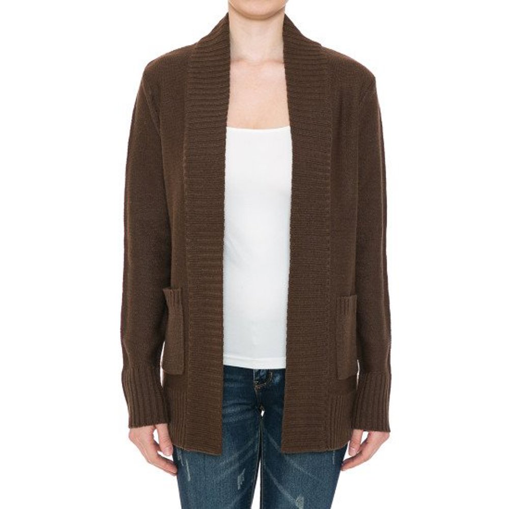 RIBBED EDGE TRIMMED LONG SLEEVE POCKETED  OPEN CARDIGAN