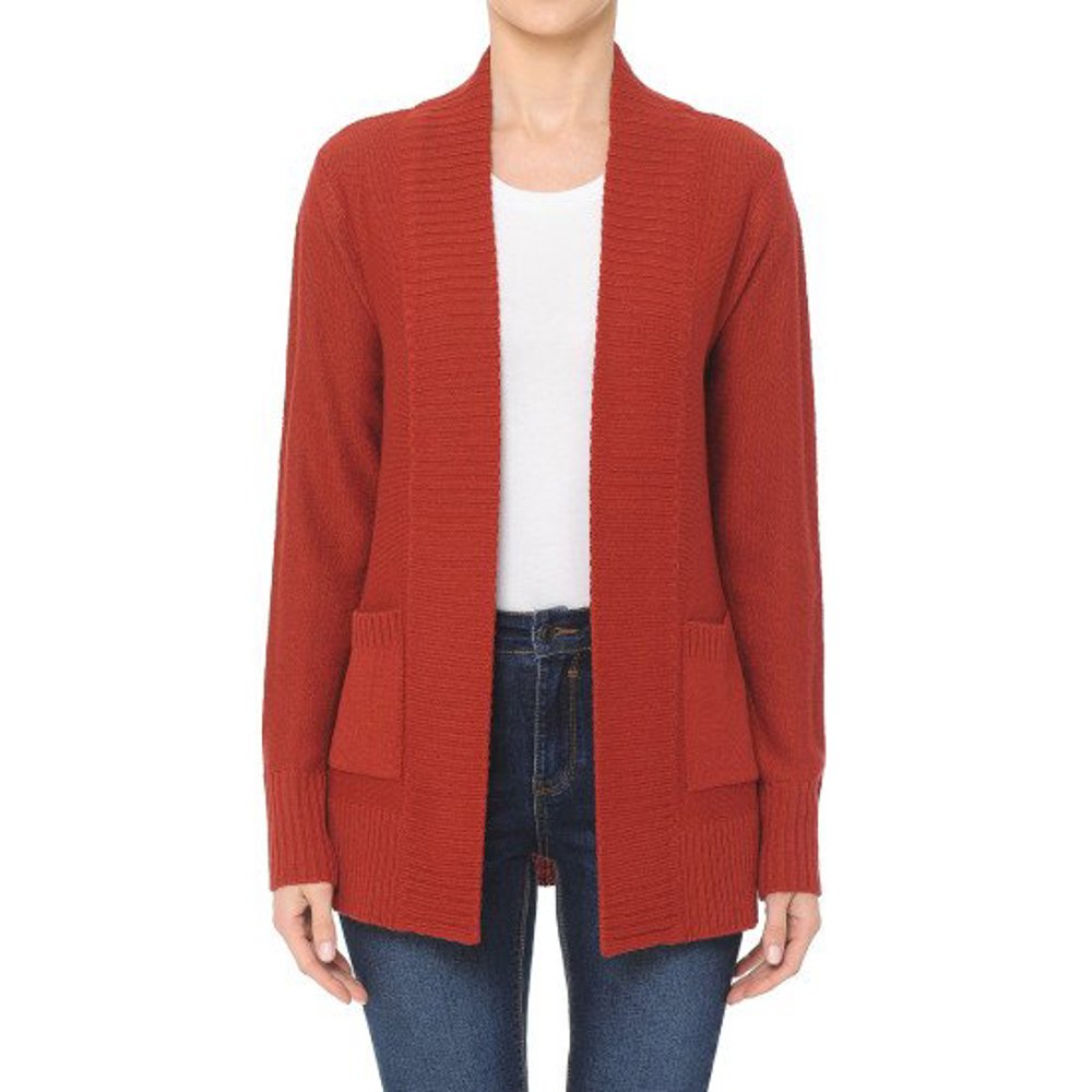 RIBBED EDGE TRIMMED LONG SLEEVE POCKETED  OPEN CARDIGAN