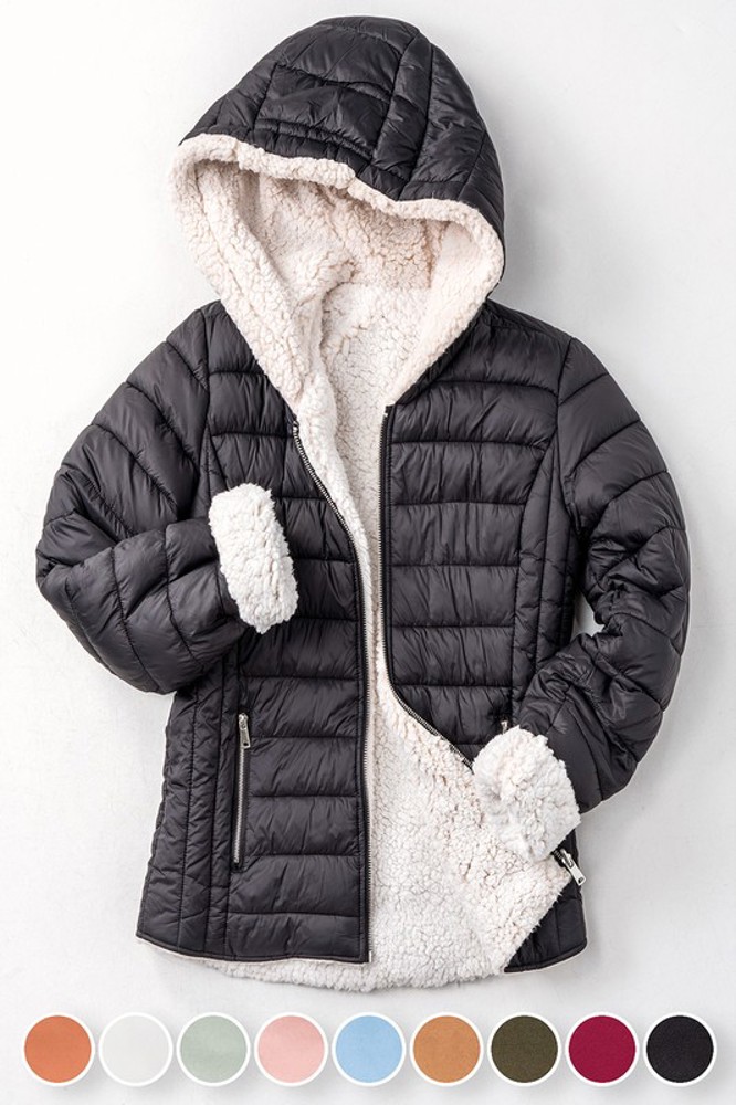 Cozy Sherpa Fleece-Lined Reversible Hooded Puffer Jacket