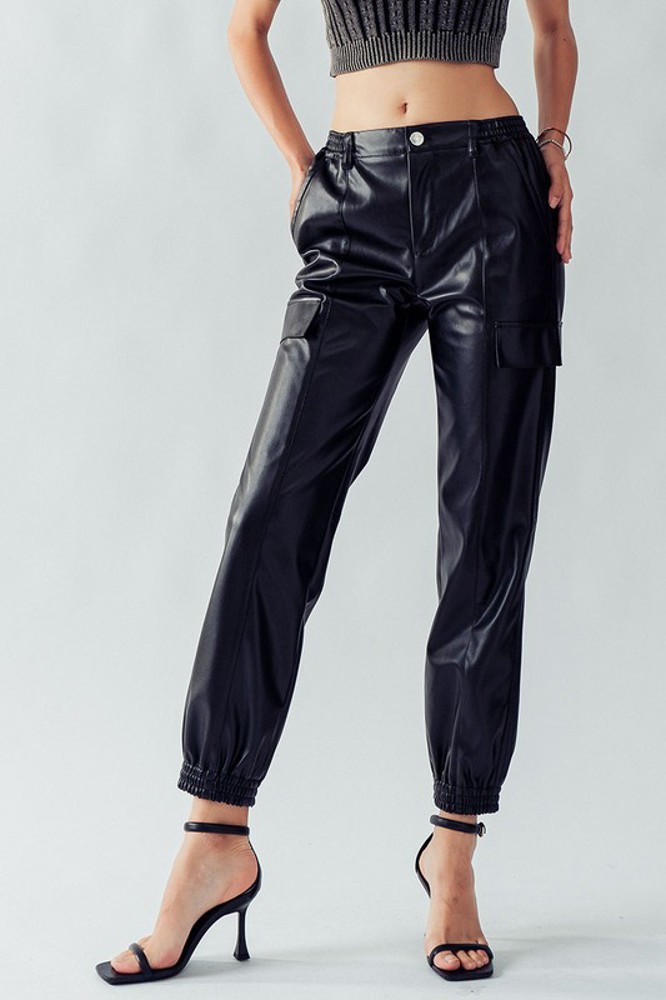 Faux Leather Cargo Jogger Pants