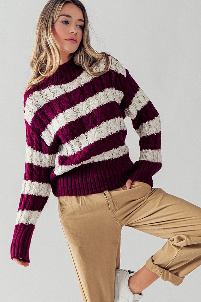 Striped Cable Knit Pullover Sweater