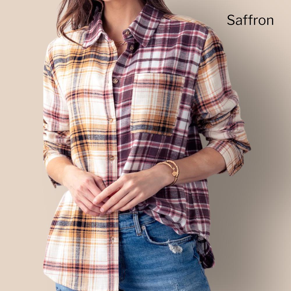 Plaid Contrast Print Button Down Shirt