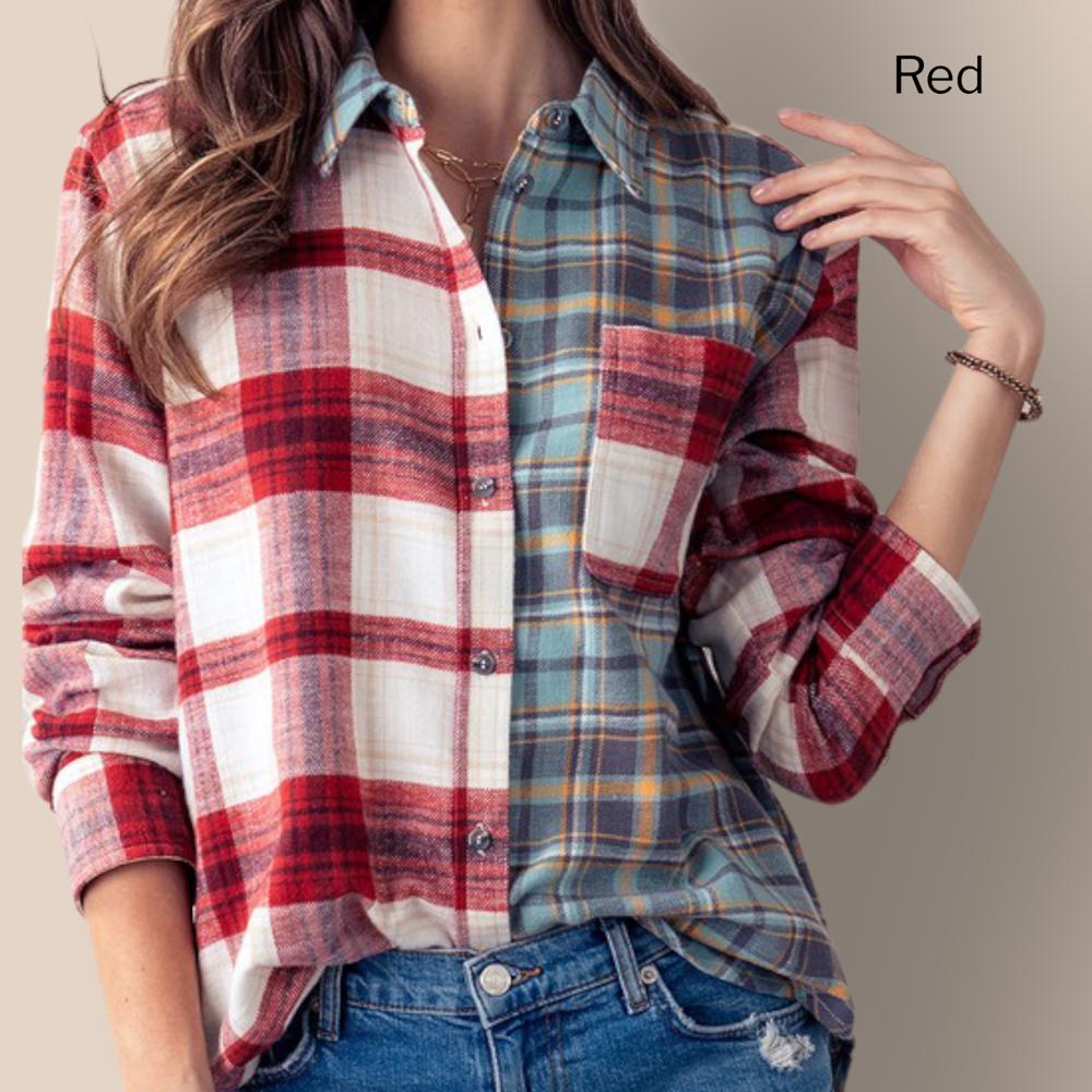 Plaid Contrast Print Button Down Shirt