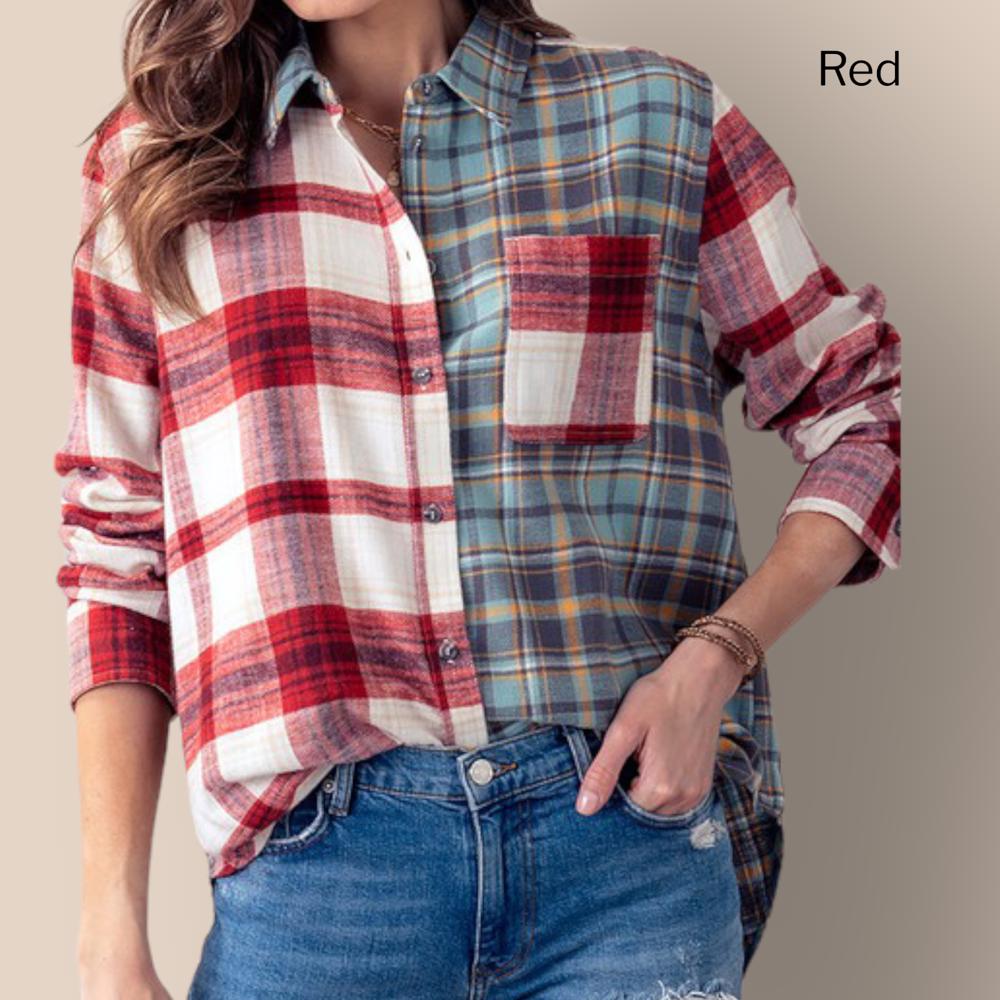 Plaid Contrast Print Button Down Shirt