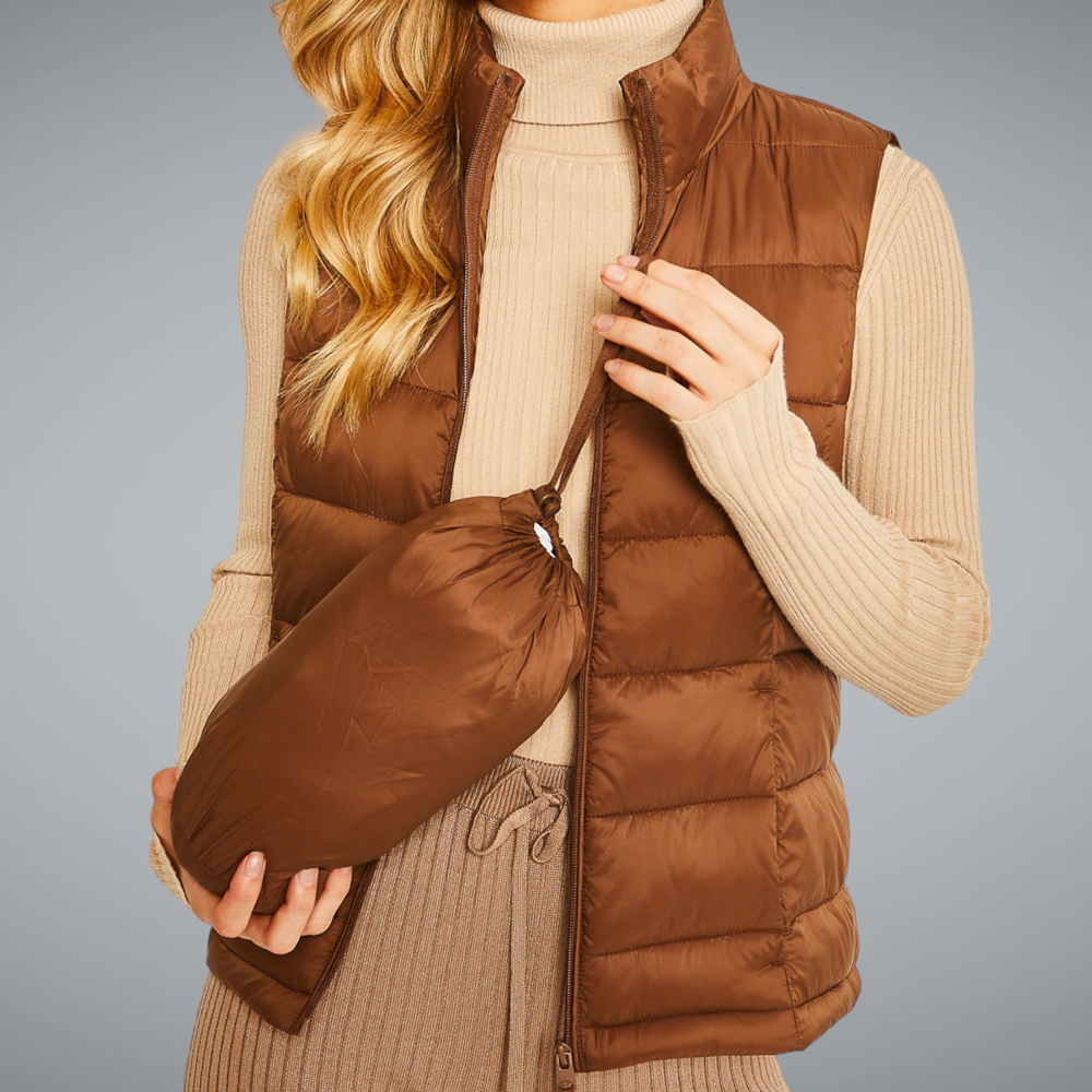 Stand Collar  Puff Vest with Storage Pouch