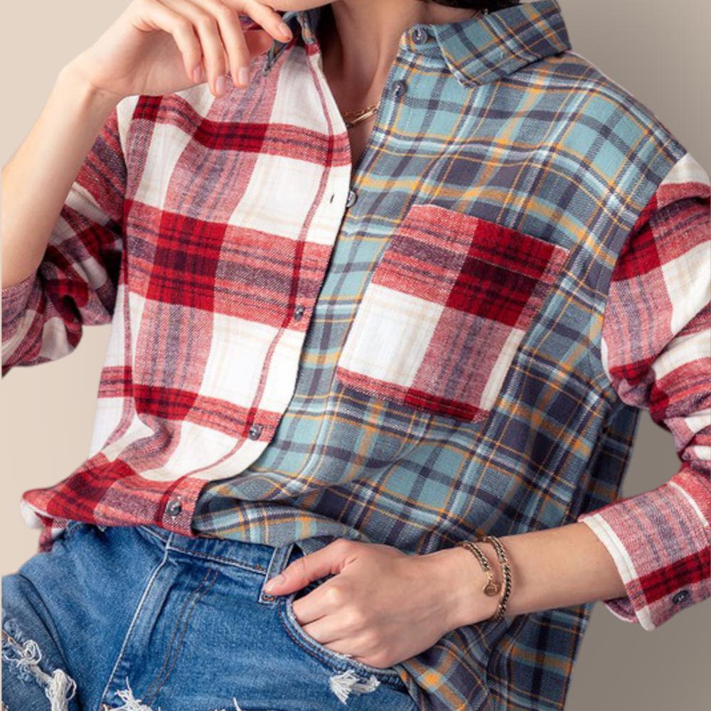 Plaid Contrast Print Button Down Shirt