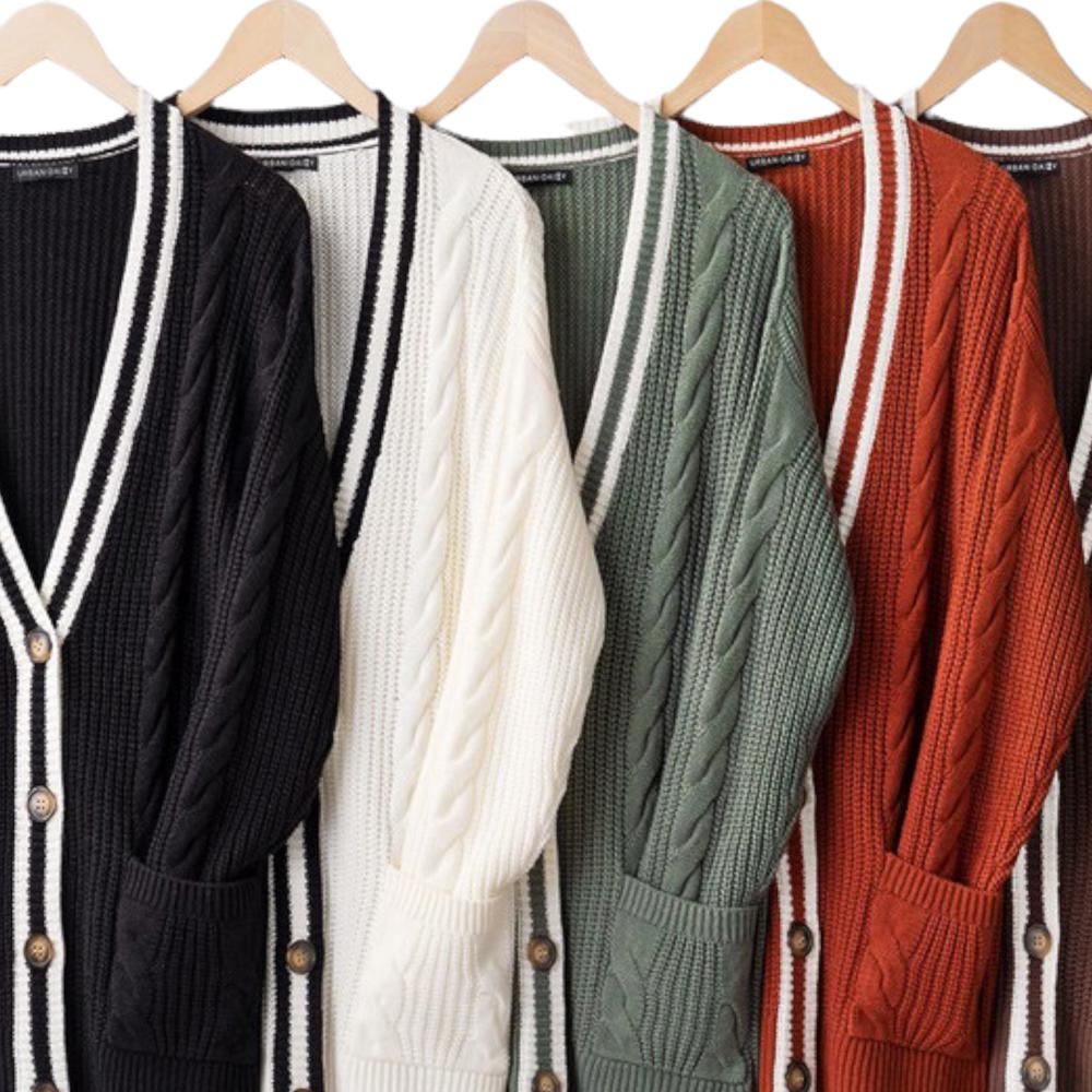 Striped Trim Cable Knit Cardigan