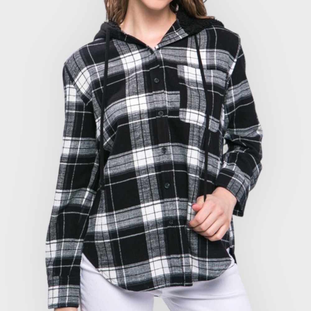 Pocketed Plaid Hooded Shirt