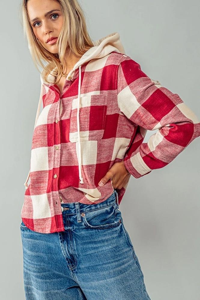 Hooded Button Down Buffalo Plaid Flannel Shirt