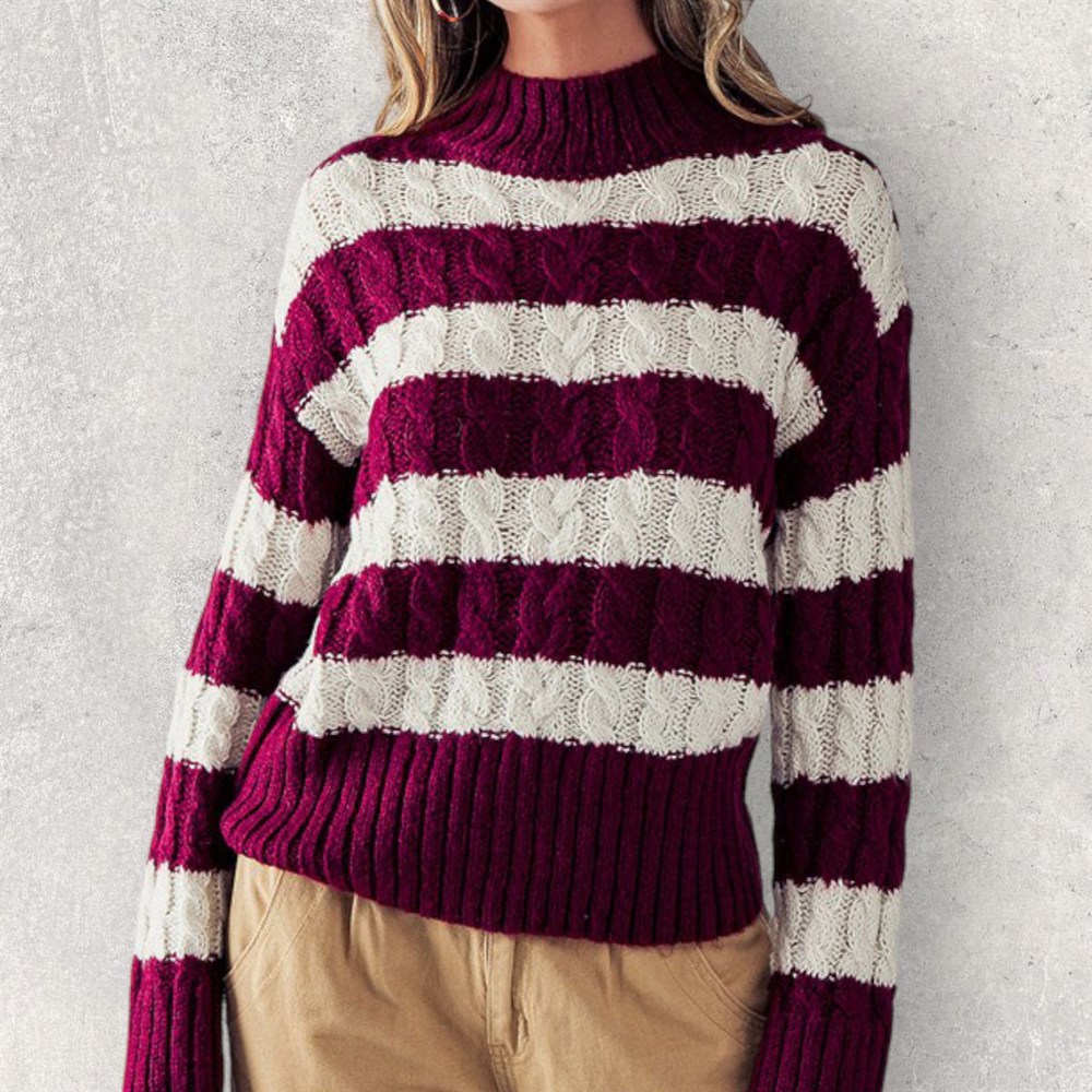 Striped Cable Knit Pullover Sweater