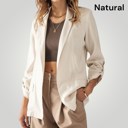 Natural Medium Linen Open Front Roll Tab Sleeve Blazer