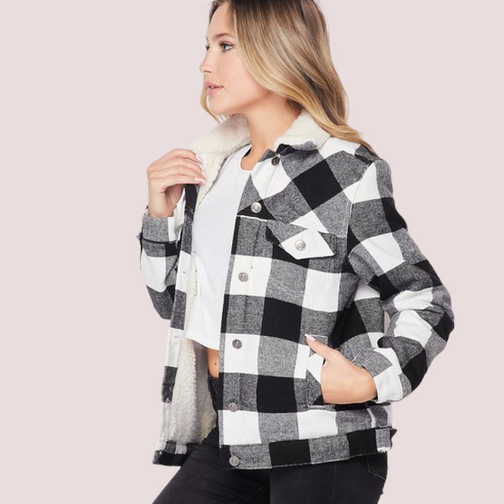 Pocketed Buffalo Plaid Sherpa Fur Lined Jacket