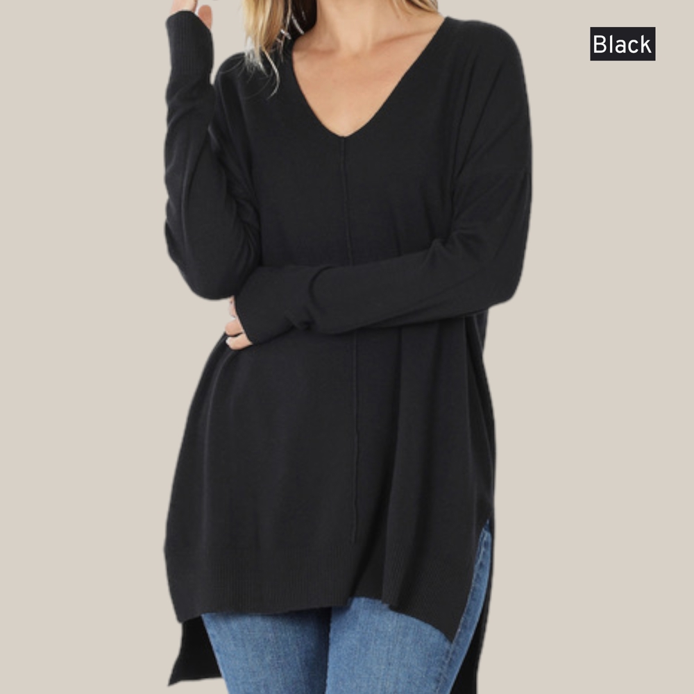 Relaxed Fit V Neck Hi-Lo Sweater