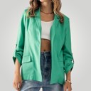 Green Small Linen Open Front Roll Tab Sleeve Blazer