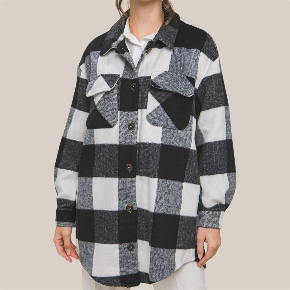 Oversized Buffalo Plaid Curved Longer Hemline Jacket