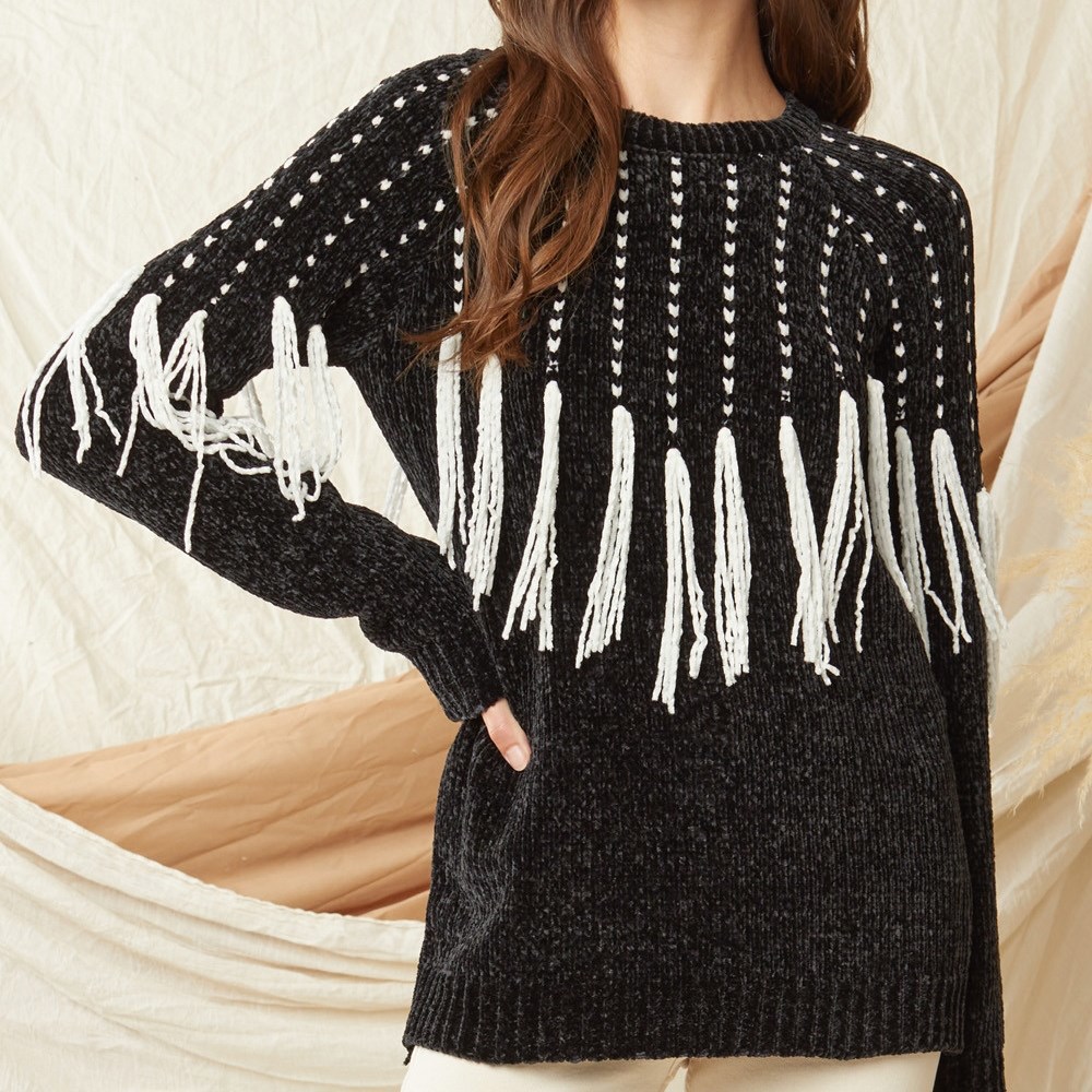 Chenille Chevron Fringe Sweater