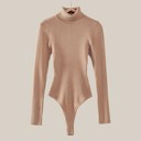 Khaki Small Rib Sweater Knit Turtle Neck Bodysuit / S-XL