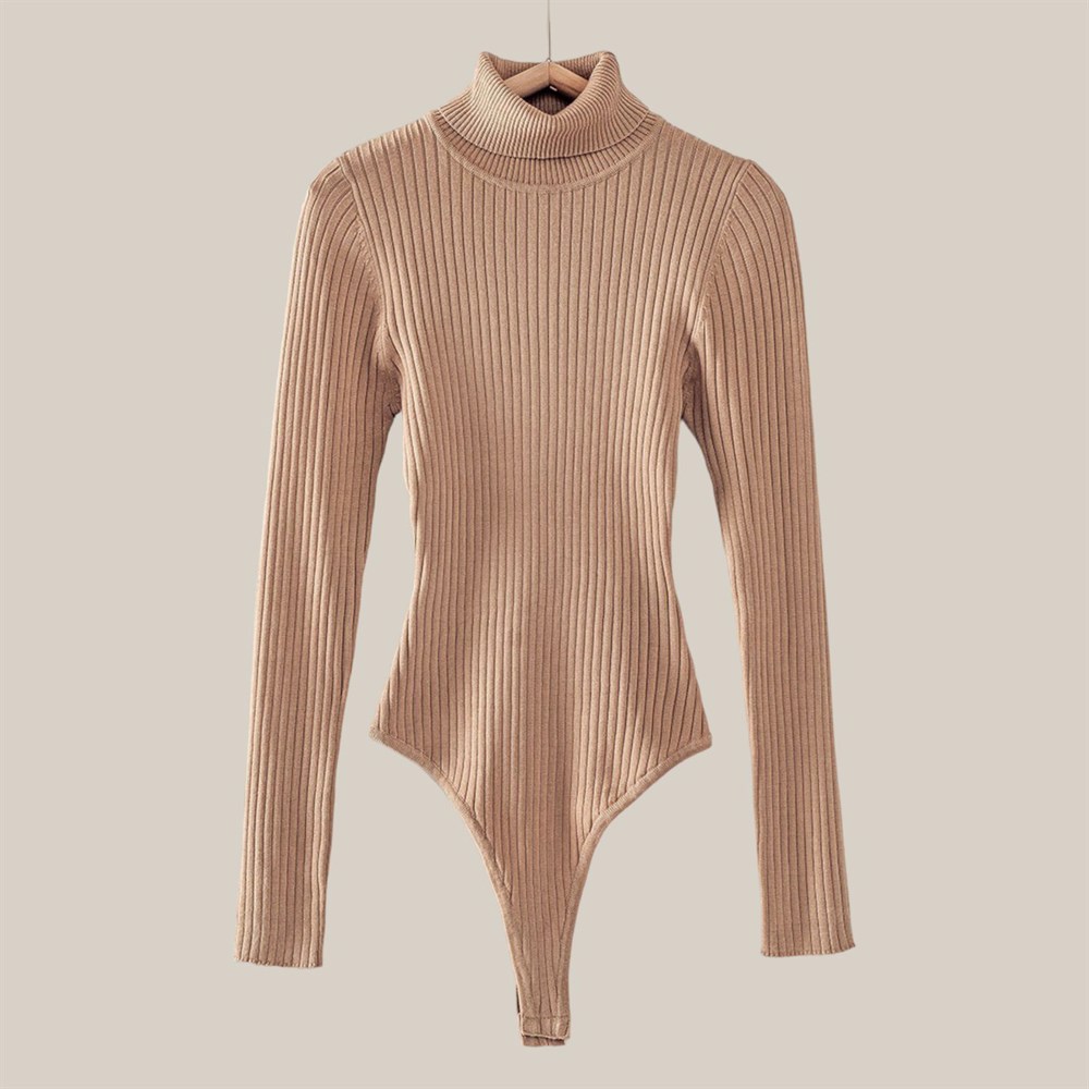 Rib Sweater Knit Turtle Neck Bodysuit / S-XL