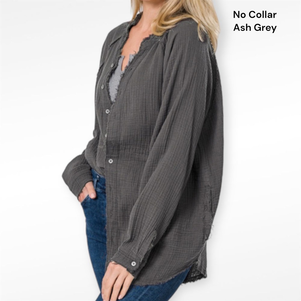 Oversized Raw Edge Frayed Hem Button Down Gauze Shirt