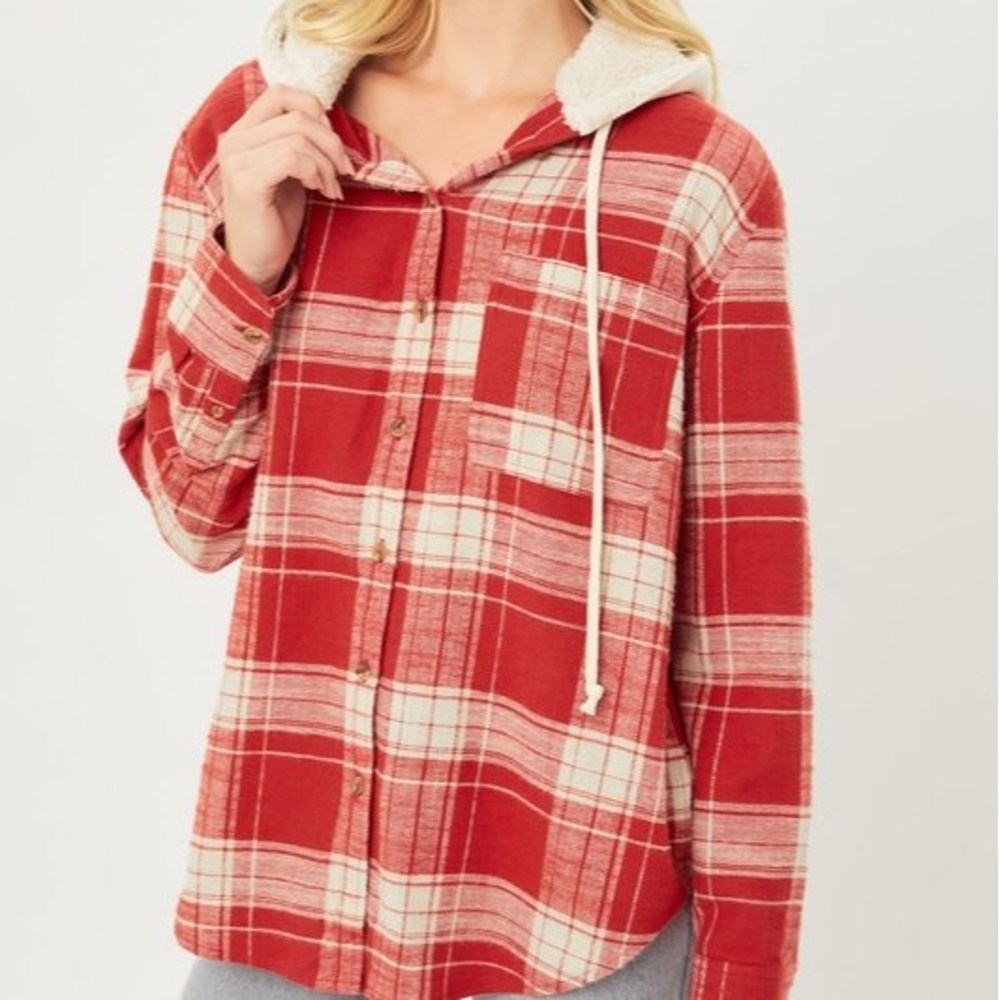 Pocketed Plaid Hooded Shirt