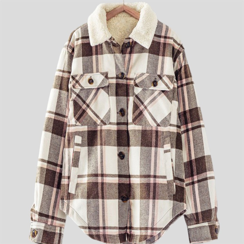 Contrast Sherpa Trim Collared Plaid Flannel  Shacket